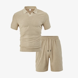 Men's casual sports set with beige vertical stripe textured polo shirt and shorts