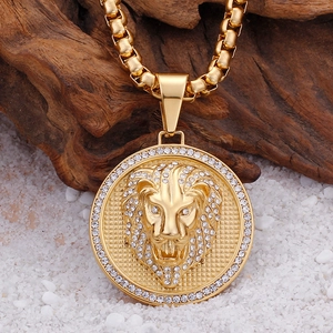 Hip hop gold plated lion head pendant necklace with rhinestones and box chain