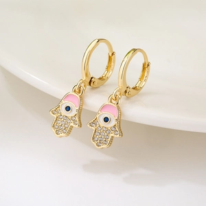 18K gold plated Hamsa hand hoop earrings with pink and blue enamel eye charms