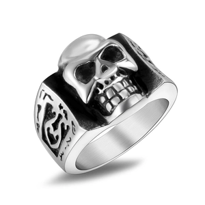 Vintage polished stainless steel skull ring with gothic tribal patterns for men