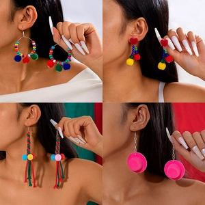 Colorful Pompom Woven Beaded Earrings Christmas Dangle Drop Bohemian Style Festive Fashion Jewelry For Women