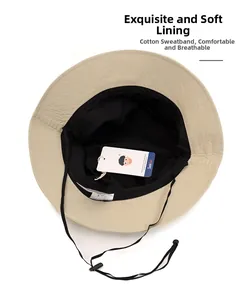 Detail view of khaki sun hat featuring breathable cotton sweatband and adjustable chin strap