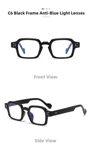 Detail view of vintage black square sunglasses with silver rivets and blue light lenses