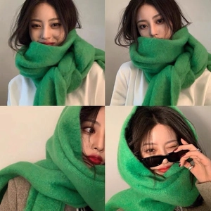 Thick emerald green knit scarf for winter shown in multiple cozy wearing styles