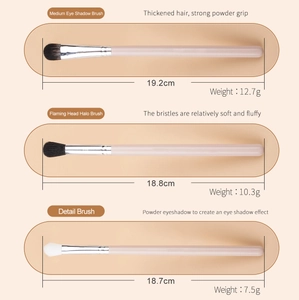 Detailed view of three professional makeup brushes with soft synthetic bristles and dimensions