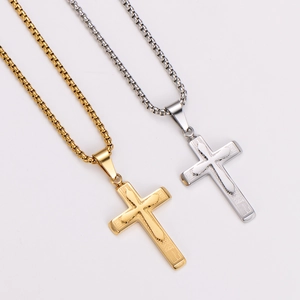 Double-layered gold and silver stainless steel cross necklaces with textured box chains