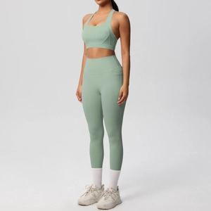 Detail view of double-sided brushed yoga set with racerback bra and side pocket leggings