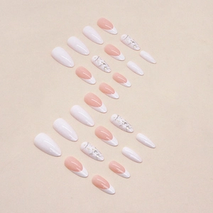 Almond press-on nails with white French tips and gold marble lines set of 24 pieces