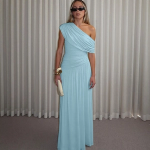 Detailed view of the light blue one-shoulder maxi dress with elegant pleated fabric texture