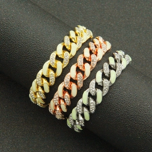 Men's hip hop Cuban link bracelets with pave rhinestones and glow enamel in three tones