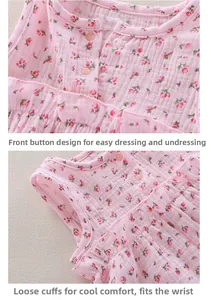 Detail of pink floral cotton gauze baby top with ruffles and front buttons