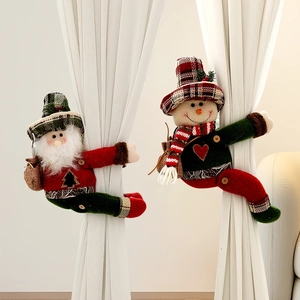 Christmas gnome and snowman curtain buckles with plaid hats for holiday window decoration