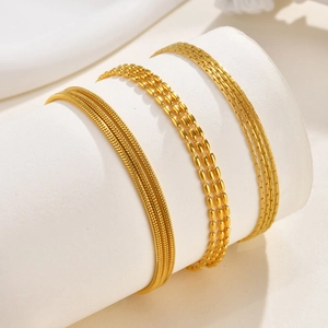Three-layer golden stainless steel olive bead bracelet and snake chain multi-layer set