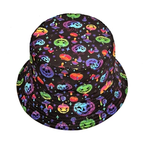 Halloween pumpkin and mushroom pattern fisherman bucket hat with neon gradient prints