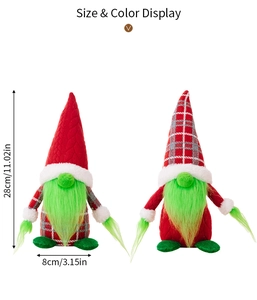 Detailed size display of Grinch Christmas gnomes with green beards and knitted hats