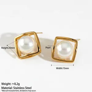 Eleganti orecchini a perno quadrati in acciaio 316 con perle d'acqua dolce 20x15mm