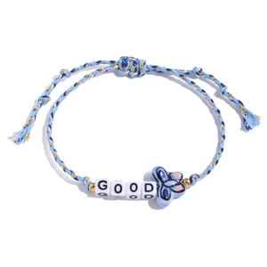 Detail of colorful woven bracelet with blue butterfly charm and GOOD letter beads