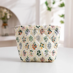 Detailed close-up of quilted floral cosmetic bag with high-quality zipper closure