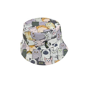 Close-up of high-quality digital cartoon cat print patterns on the fabric bucket hat