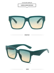 Detail of square oversized sunglasses with green frames and blue-yellow gradient lenses