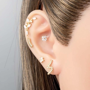 Golden earring set with leaf, clover, and lightning designs featuring clear crystals