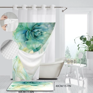 Détail du rideau de douche floral et du tapis de bain antidérapant assorti pour la salle de bain