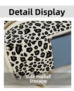 Detail view of leopard print bag featuring functional side pocket holding a smartphone