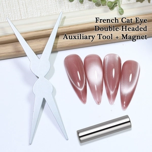 Double-headed French cat eye nail tool with magnet and pink cat eye nail tips display