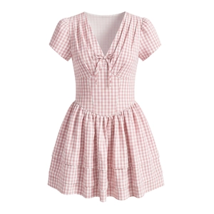 Robe Mini Vichy Rose Blanc Col En V Manches Courtes Nœud Étagée Volants Style Doux Polyester Coton Pour Femmes
