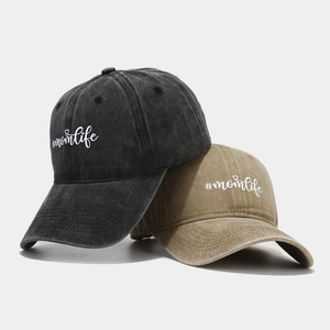 Vintage washed canvas baseball caps with momlife embroidery in grey and khaki