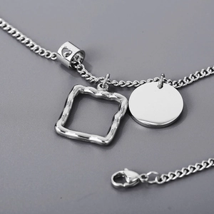 Minimalist stainless steel necklace with geometric square frame and round pendant charms