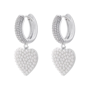 Elegant silver hoop earrings with heart shaped faux pearl charms and sparkling zircon