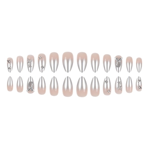 Unghie finte a mandorla a specchio argento con fiocchi 3D e strass set da 24