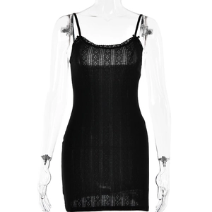 Close-up of black cotton slip dress featuring delicate lace V-neck and mesh knit texture