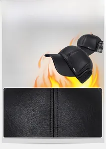 Macro detail of textured black PU leather and warm faux fur lining on winter baseball cap