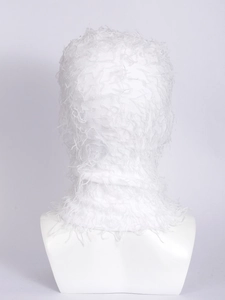 Detailed close-up of the white plush knit balaclava showing soft faux fur texture
