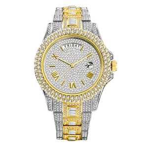 Detail of luxury diamond-encrusted business watch with day-date window and Roman numerals