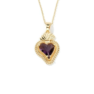 Luxurious gold stainless steel necklace with a vintage purple heart-shaped pendant