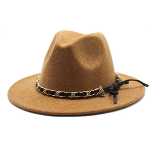 Elegant khaki wool fedora hat with gold metal chain and black ribbon bow detail