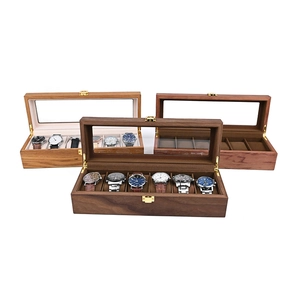 Boîte de rangement pour 6 montres en bois avec couvercle en verre, finitions noyer et acajou