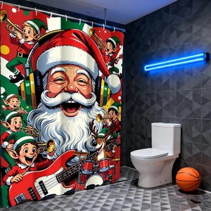Detail of Rock and Roll Santa shower curtain with high-quality 3D digital print graphics