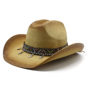 Cappello Di Paglia Western Cowboy Con Nastro Etnico E Pendenti A Cuore In Metallo Protezione Solare Tesa Larga Spiaggia Fedora