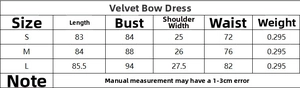 Tabla de tallas detallada para el elegante mini vestido de terciopelo con especificaciones