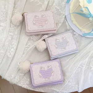 Cute macaron color tri-fold PU leather wallets with rabbit pattern and fluffy pompom