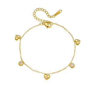 Gold stainless steel chain bracelet with heart and round charms set with white crystals