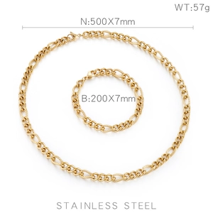 Golden stainless steel jewelry set featuring a 7mm figaro chain necklace and bracelet