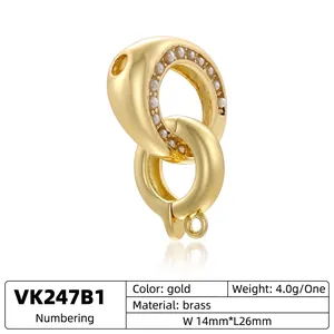 18K gold plated brass circular clasp with inlaid cubic zirconia for DIY necklaces