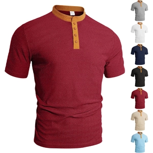 T-Shirt Henley À Manches Courtes Pour Hommes Jacquard Texturé Col Contrasté Coupe Ajustée Décontracté Été Boutonné Pour Homme