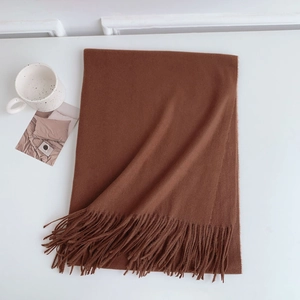 Detailed view of soft brown faux cashmere scarf featuring elegant fringe tassels on the edge