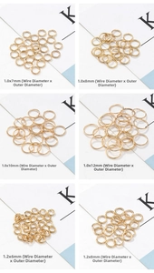 Size chart for golden jump rings showing various wire diameters and outer dimensions